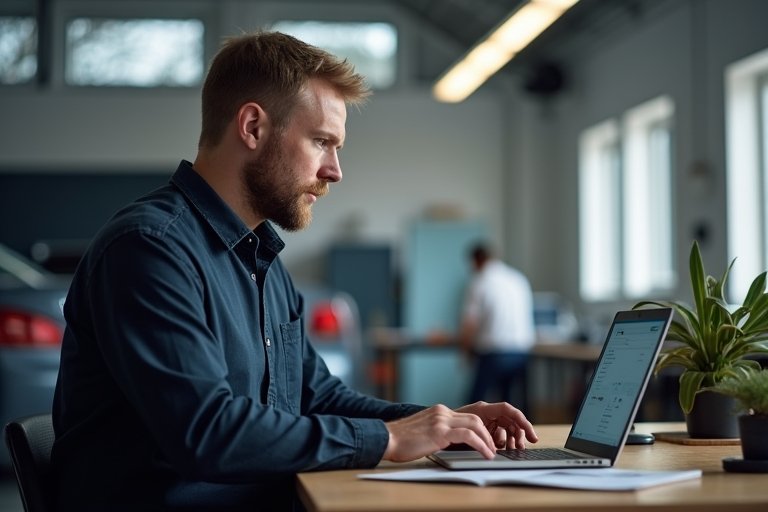 Svensk verkstadsägare som granskar inkommande bokningar och leads på en laptop i ett kontor med naturlig ljusmiljö