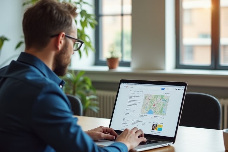 Svensk tjänsteföretagare som granskar Google Business Profile och lokal synlighet på laptop i ett modernt kontor