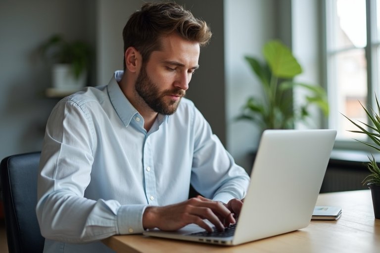 Svensk tjänsteföretagare som granskar Google Business Profile och lokal synlighet på en laptop i ett modernt kontor