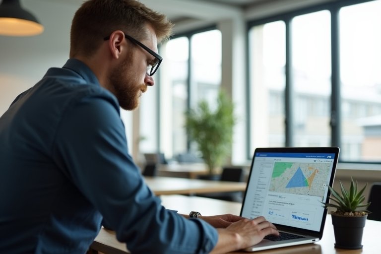 Svensk tjänsteföretagsledare som granskar lokal synlighet och sökresultat på laptop i ett modernt kontor