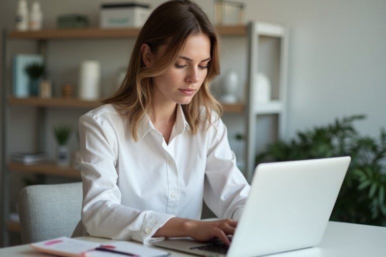Svensk klinikchef granskar bokningar, recensioner och webbprestanda på laptop i ett rent kontor