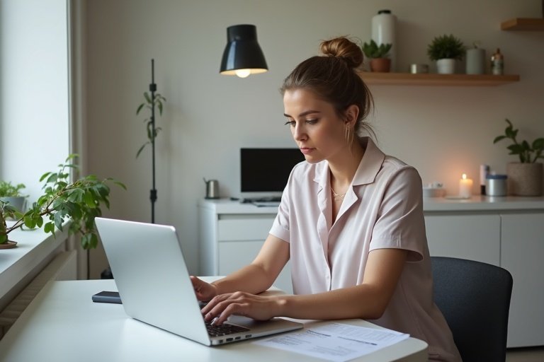 Svensk klinikchef som granskar bokningar, omdömen och landningssidor på laptop i ett rent kontor