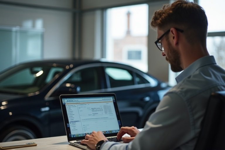 Svensk verkstadsägare som granskar inkommande leads och bokningar på laptop i ett kontor