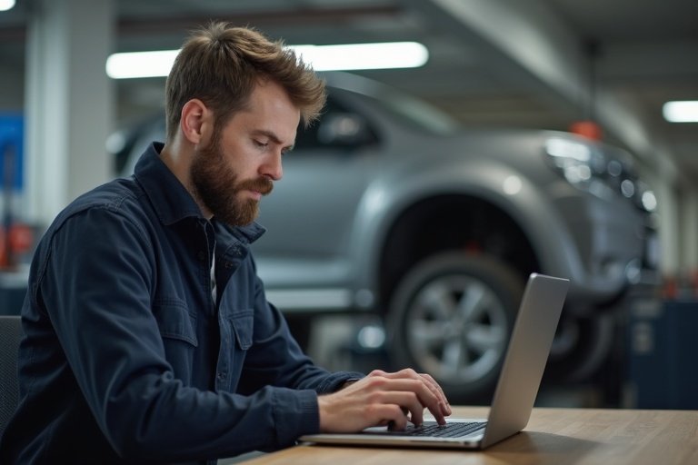 Svensk verkstadschef som granskar bokningar och inkommande leads på laptop i ett kontorsrum