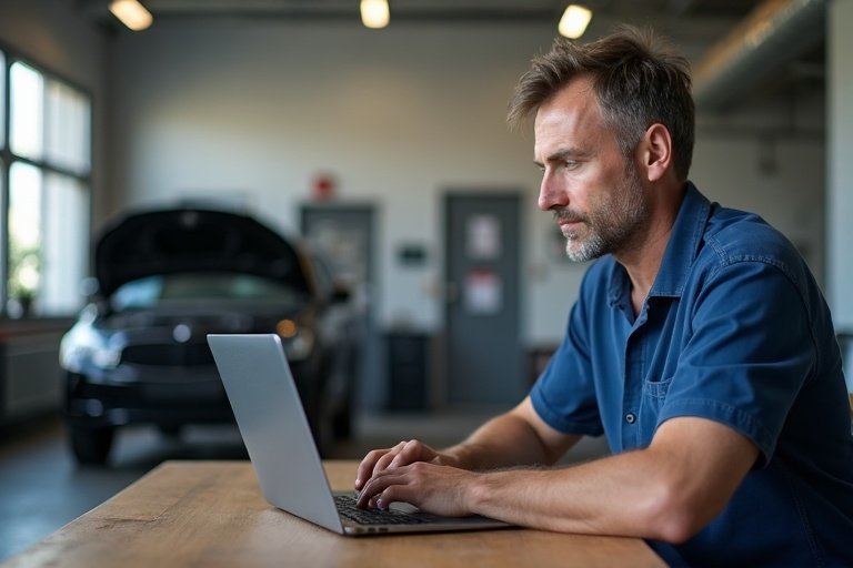 Svensk bilverkstadschef som går igenom inkommande förfrågningar på laptop i ett kontor med verkstadskänsla