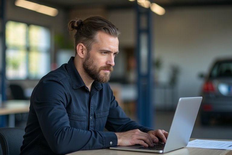 Svensk verkstadschef som granskar bokningar och lokal synlighet på laptop i kontorsmiljö