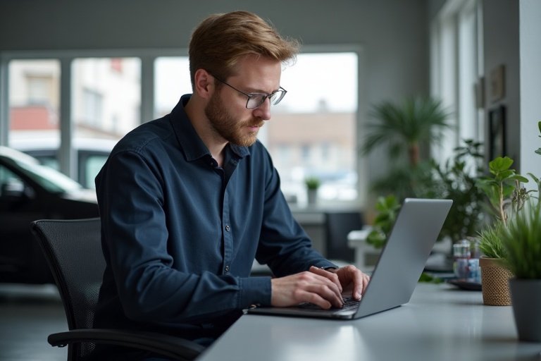 Svensk bilverkstadschef som går igenom prioriteringar i ett lugnt kontor med laptop