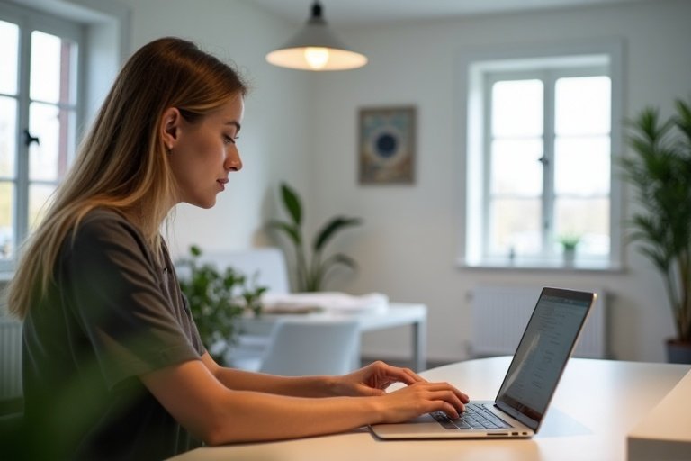 Svensk klinikchef som granskar bokningar och uppföljning på laptop i ett ljust kontor