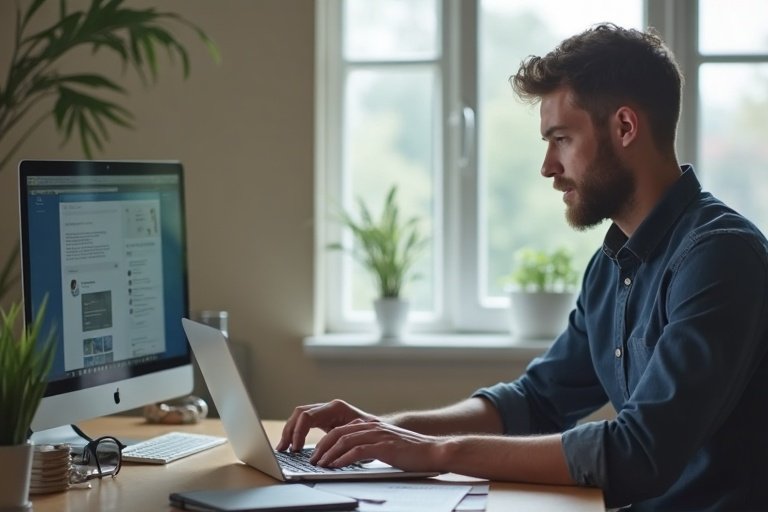 Svensk städfirmaledare granskar inkommande leads och uppföljning på laptop i ett rent kontor