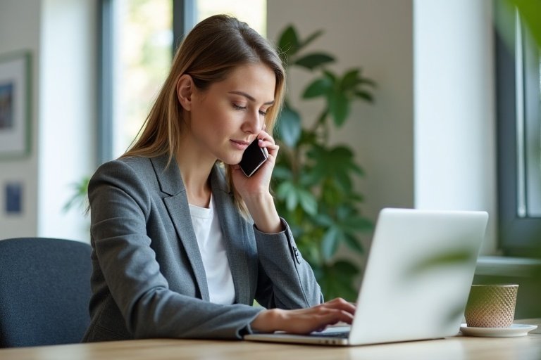 Svensk städfirmaledare som går igenom leads och uppföljning på laptop och mobil i ett modernt kontor
