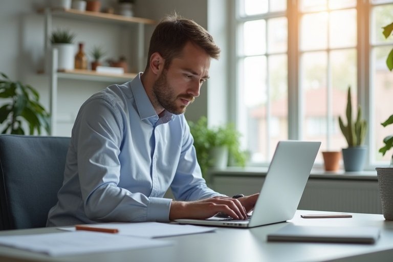 Svensk städfirmaledare som går igenom digitala system på laptop i ett modernt kontor