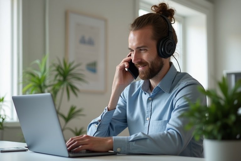 Svensk företagare som följer upp inkommande leads på laptop och telefon i ett modernt kontor