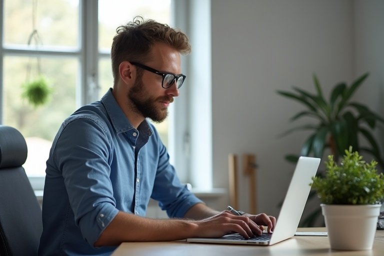 Svensk företagsledare som går igenom inkommande leads på laptop i ett lugnt kontor