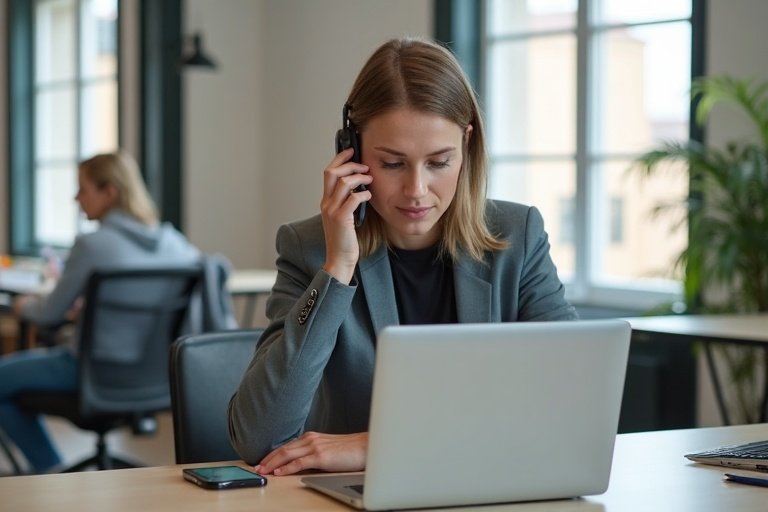 Svensk tjänsteföretagare som går igenom missade samtal, nya leads och en webbförfrågan på mobil och laptop i ett kontor