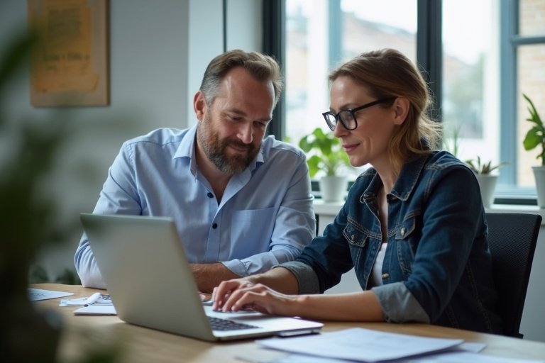 Svensk tjänsteföretagsledare och kollega som går igenom kommersiella prioriteringar vid en laptop i ett modernt kontor