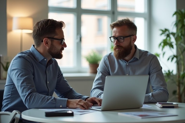 Svensk tjänsteföretagsledare och strateg som går igenom tillväxtprioriteringar i ett modernt kontor