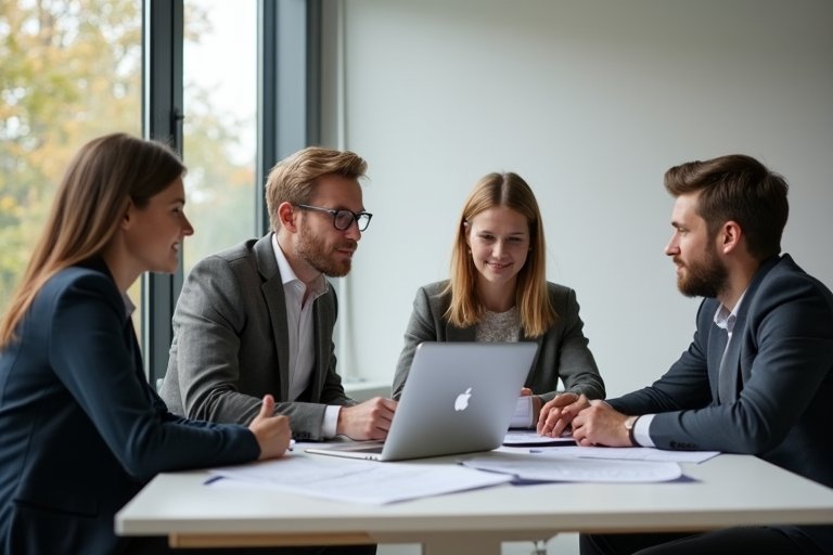 Svensk B2B-tjänsteföretagare går igenom tillväxtprioriteringar med ett mindre team på ett modernt kontor