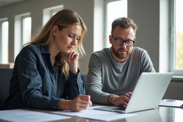 Svensk tjänsteföretagsledare och kollega som går igenom prioriteringar på kontor